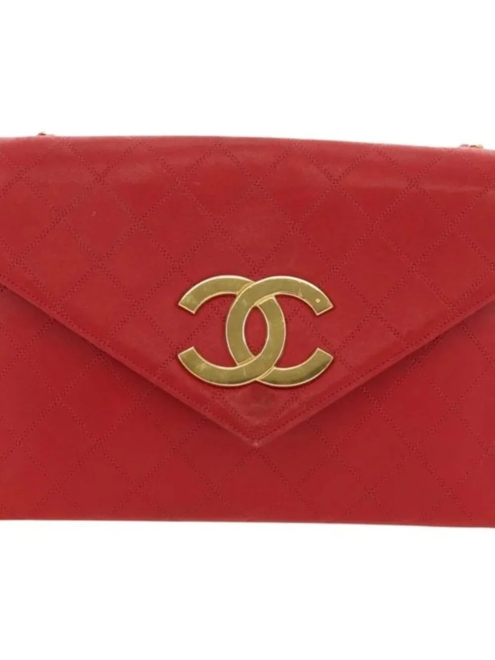 CHANEL Bicolore Chain Shoulder Bag Lamb Skin Red Gold CC Auth BA13416V